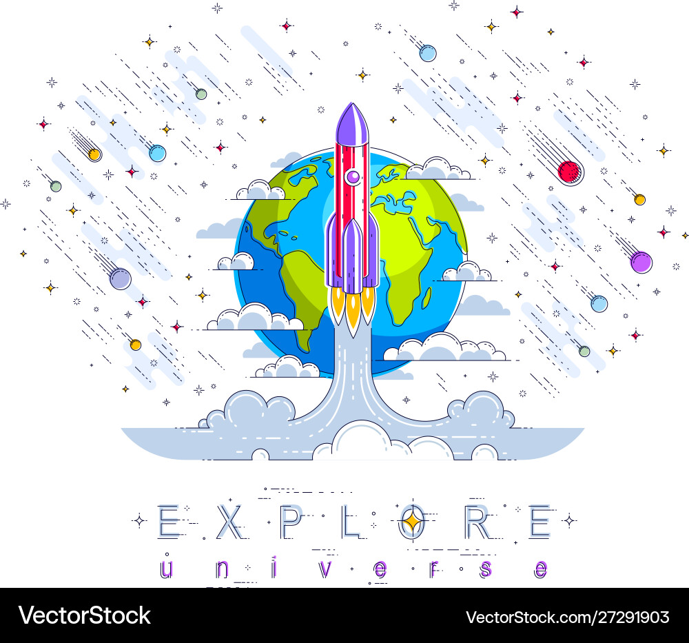 Rocket launch into undiscovered space with planet Rocket launch into undiscovered space with planet Vector Image