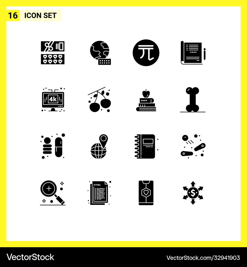 Set 16 solid glyphs on grid for media computer Vector Image