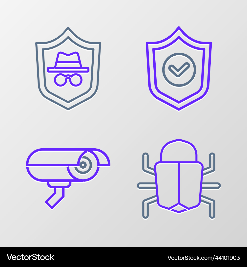 Set line system bug security camera shield Set line system bug security camera shield vector image