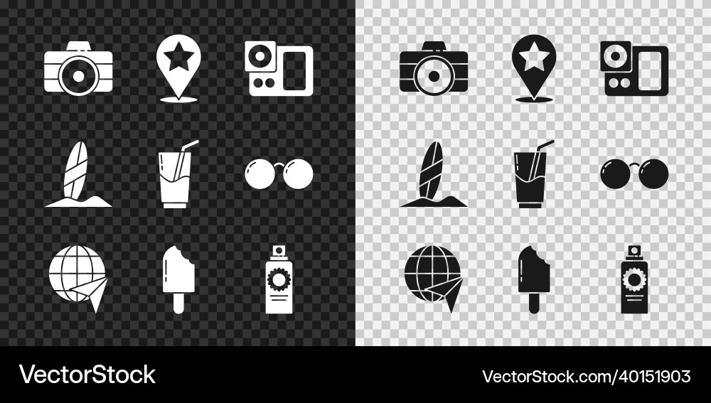 Set photo camera map pointer with star globe Set photo camera map pointer with star globe vector image