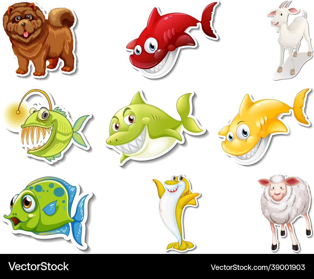 Set stickers with sea animals and dogs cartoon Set stickers with sea animals and dogs cartoon vector image