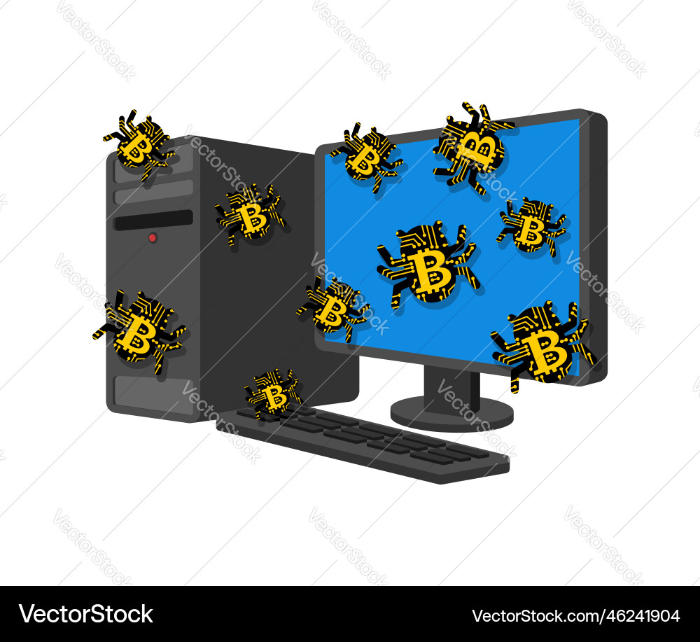 Bitcoin virus bug infected computer digital Bitcoin virus bug infected computer digital Vector Image