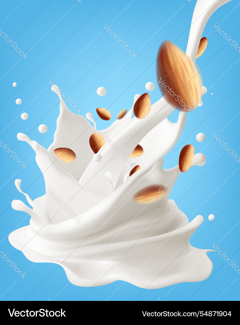 Milk splashing effect with almond in 3d for mesh Milk splashing effect with almond in 3d for mesh vector image