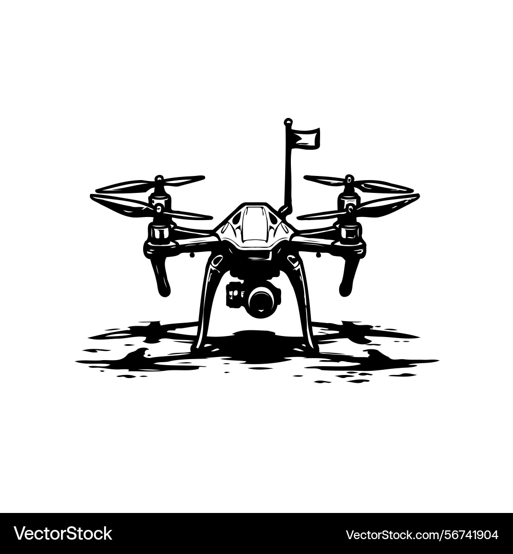 Monochrome drone hovering with a small flag Vector Image