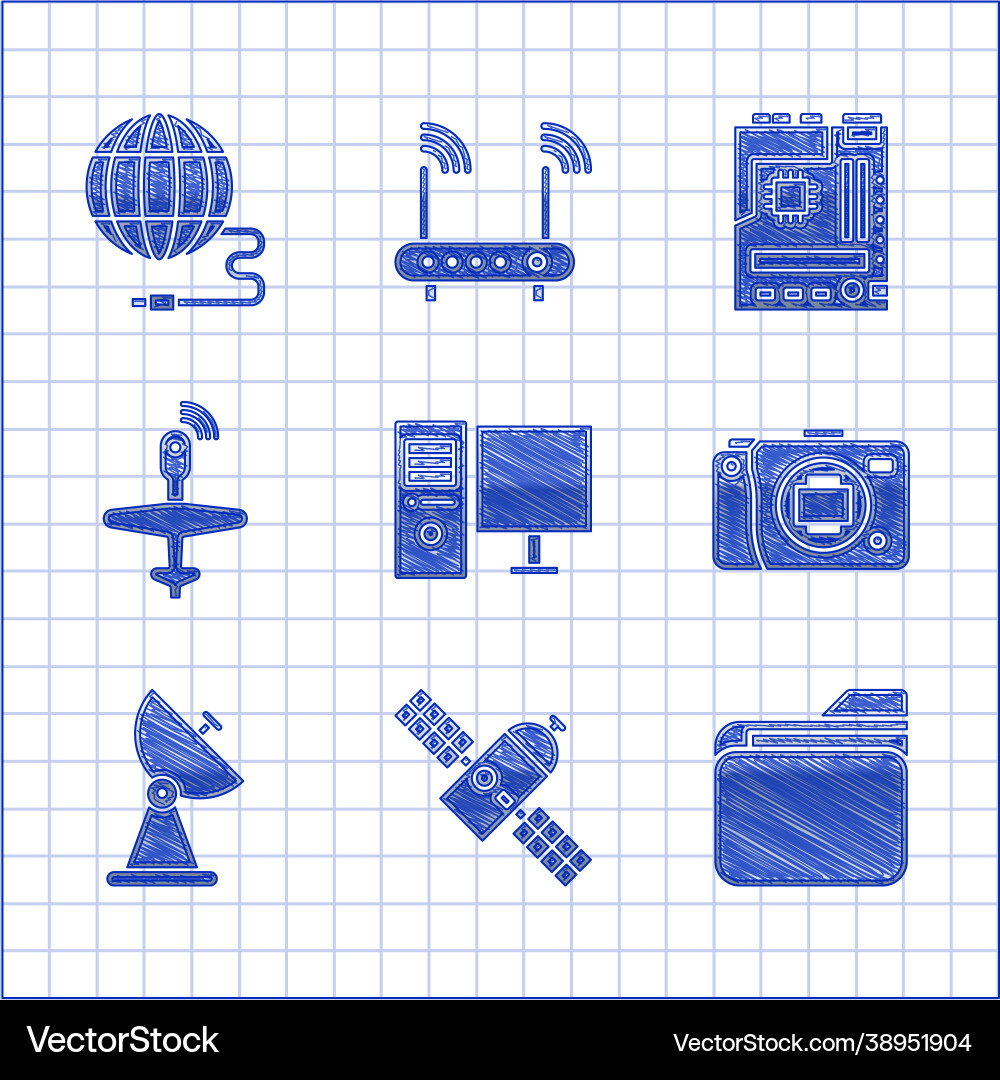 Set computer monitor satellite document folder Set computer monitor satellite document folder vector image