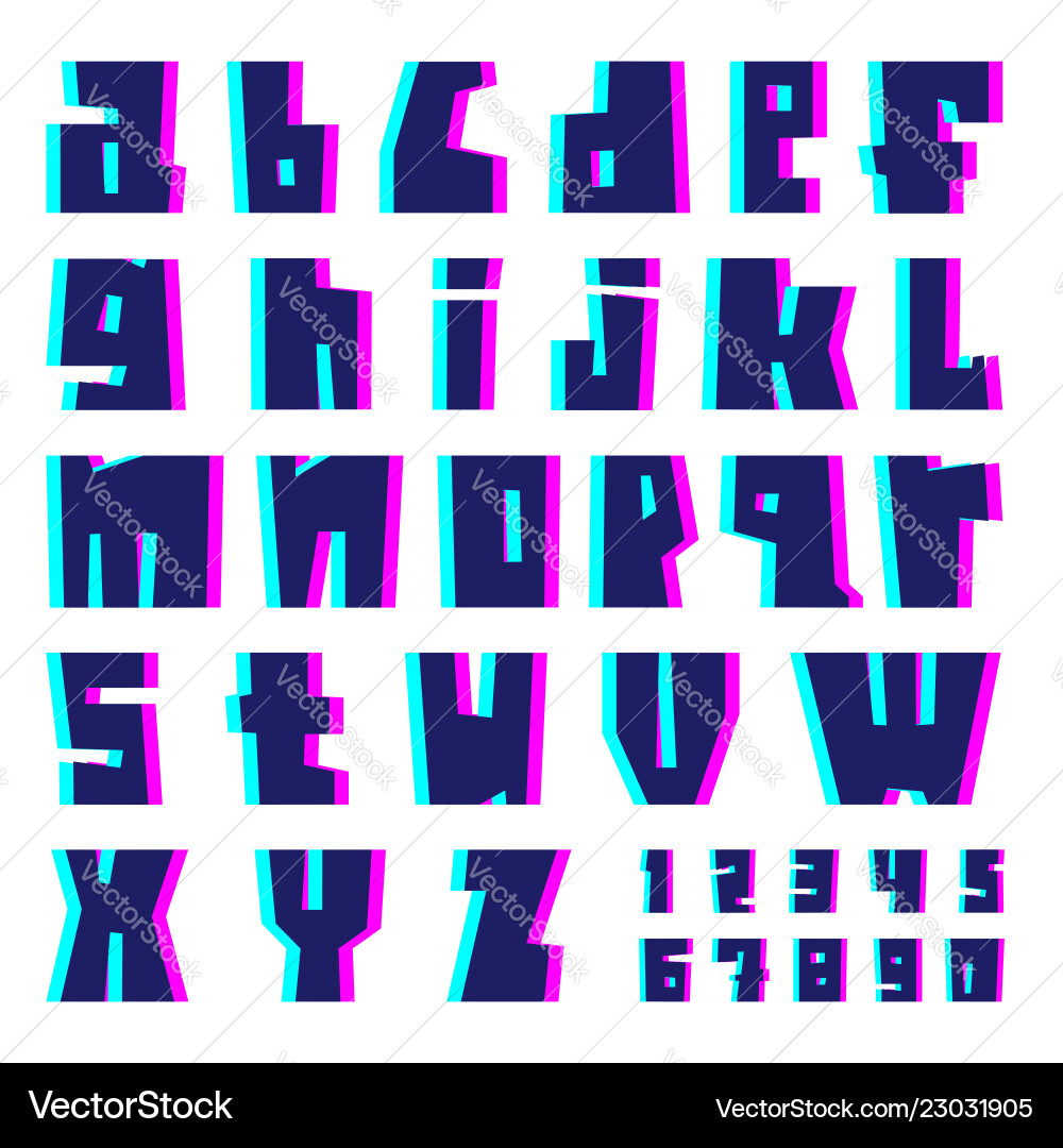 Glitch alphabet letters and numbers with effect Glitch alphabet letters and numbers with effect vector image