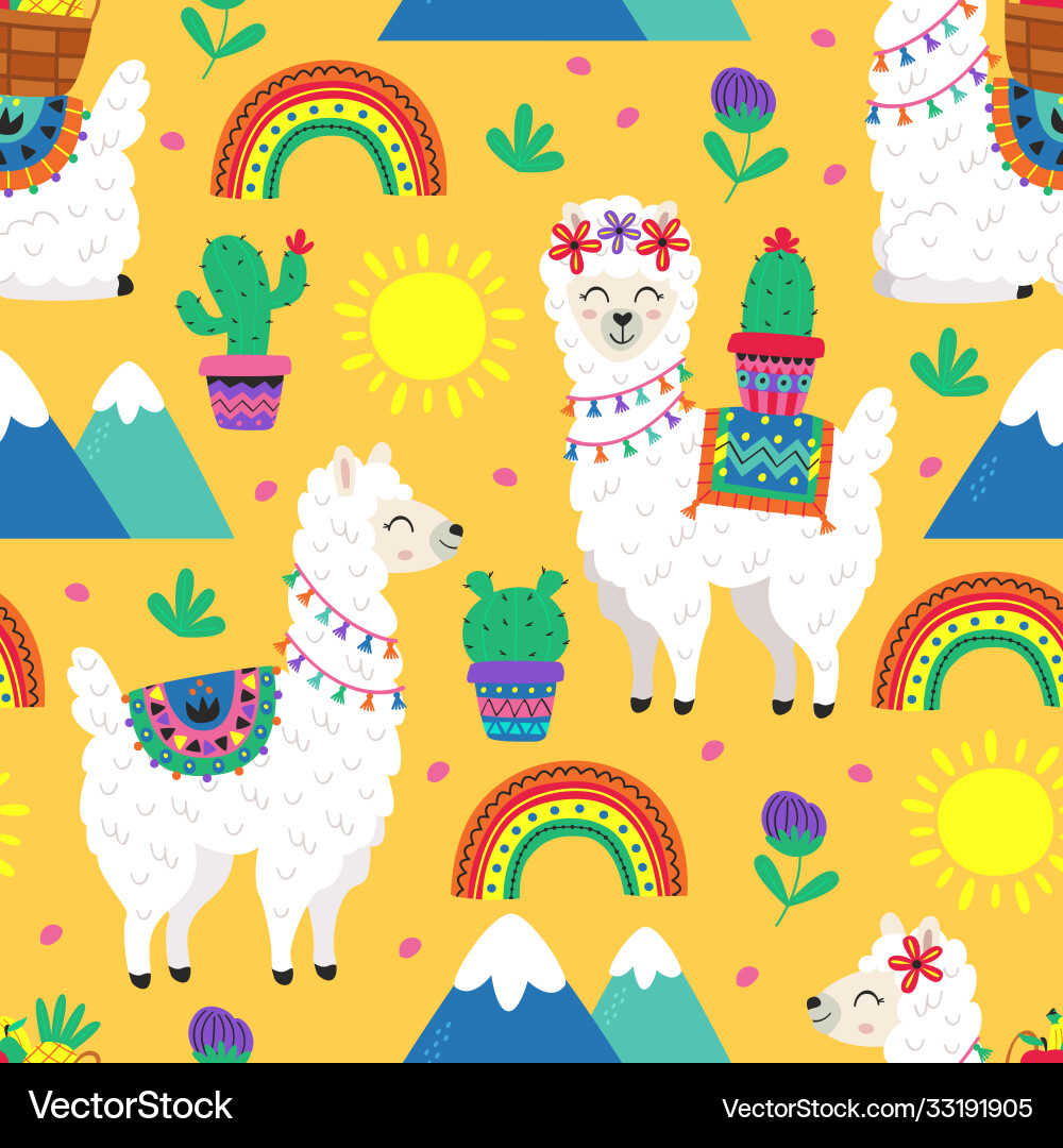 Llama & Cactus Seamless Pattern vector image