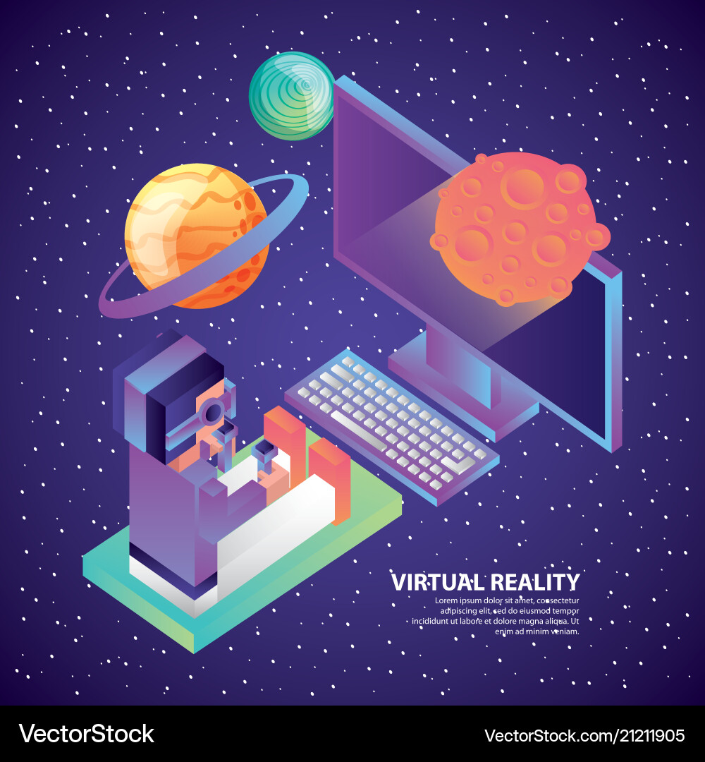 Man in virtual reality headset computer 3d planets vector image