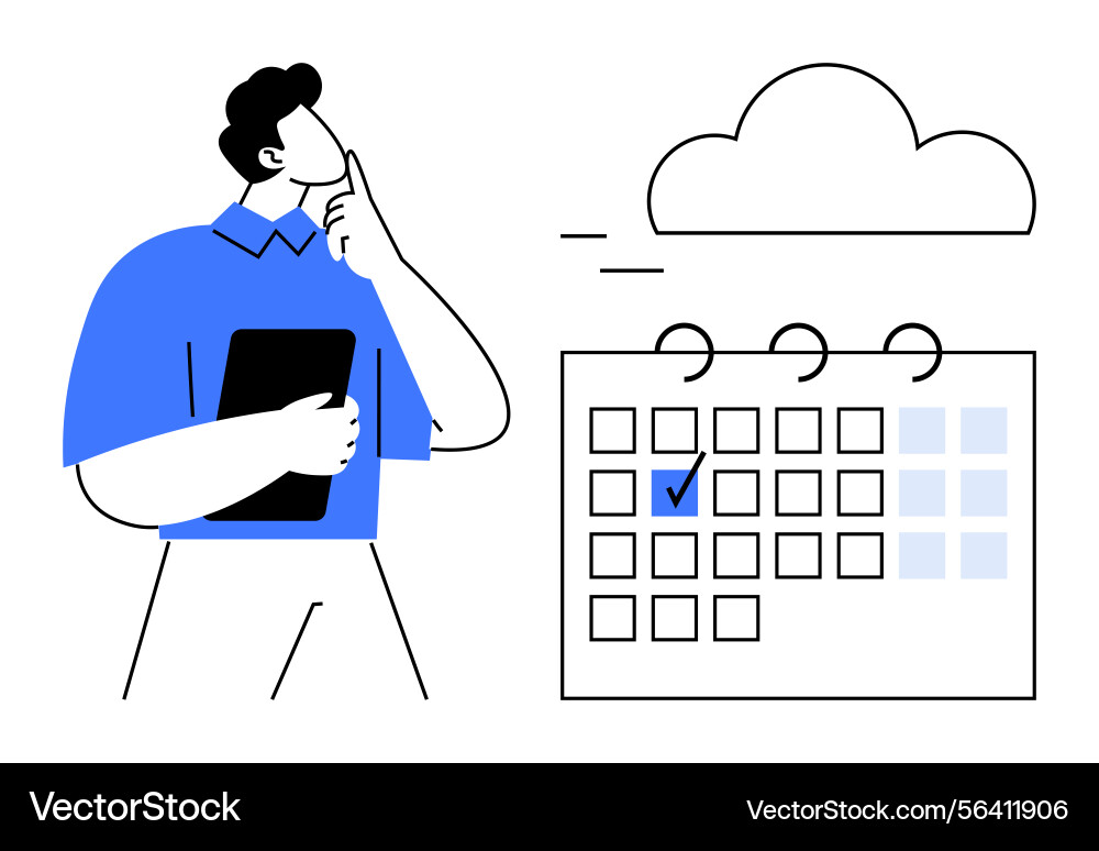 Man contemplating schedule with calendar and cloud Man contemplating schedule with calendar and cloud vector image