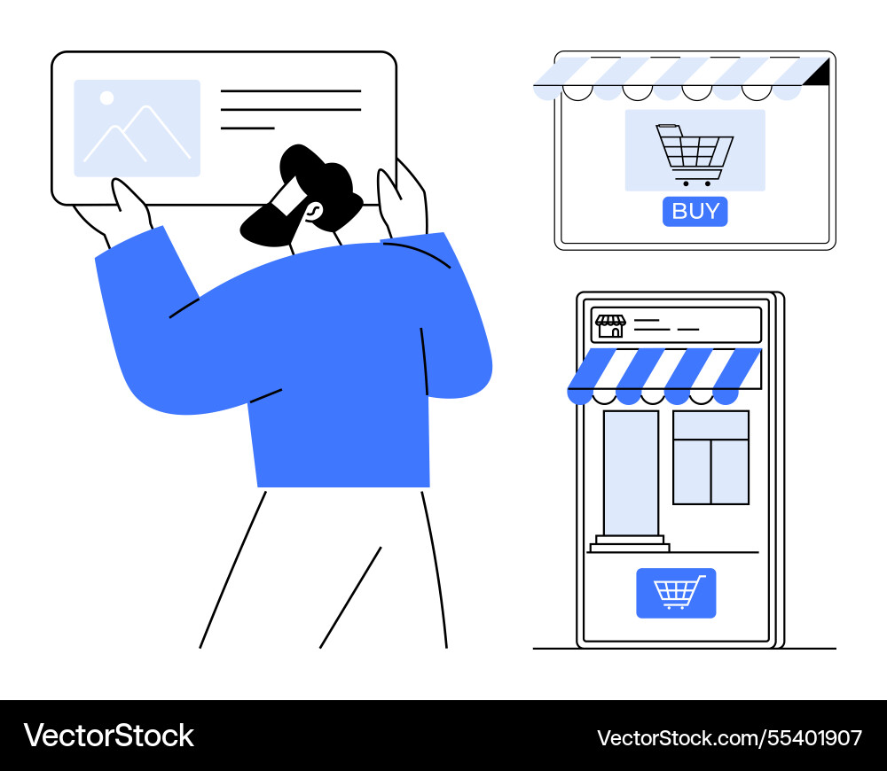 Man interacting with digital storefronts Man interacting with digital storefronts vector image