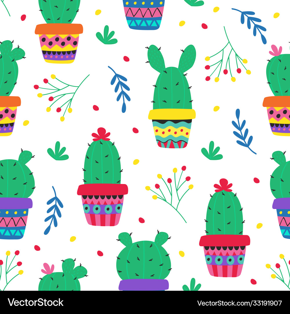 Seamless pattern with cacti in colorful pots Seamless pattern with cacti in colorful pots vector image