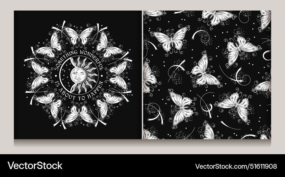Label pattern with sun eclipse butterflies Label pattern with sun eclipse butterflies Vector Image