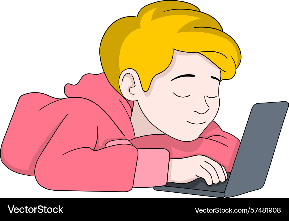 Lazy student lying while using laptop Vector Image