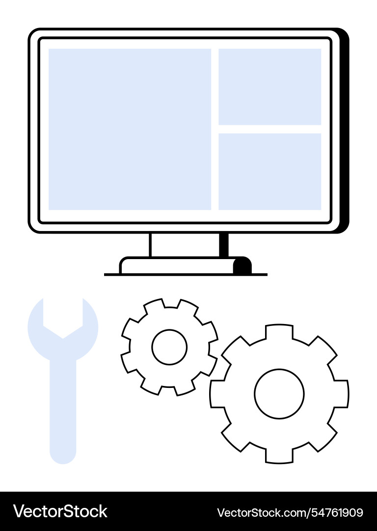Computer monitor with gears and wrench signifying Computer monitor with gears and wrench signifying vector image