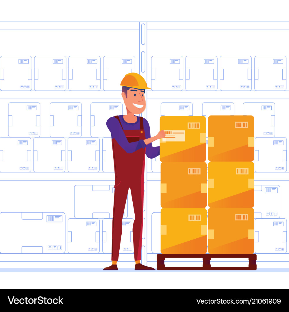 Warehouse worker is storing boxes on the pallet Warehouse worker is storing boxes on the pallet vector image