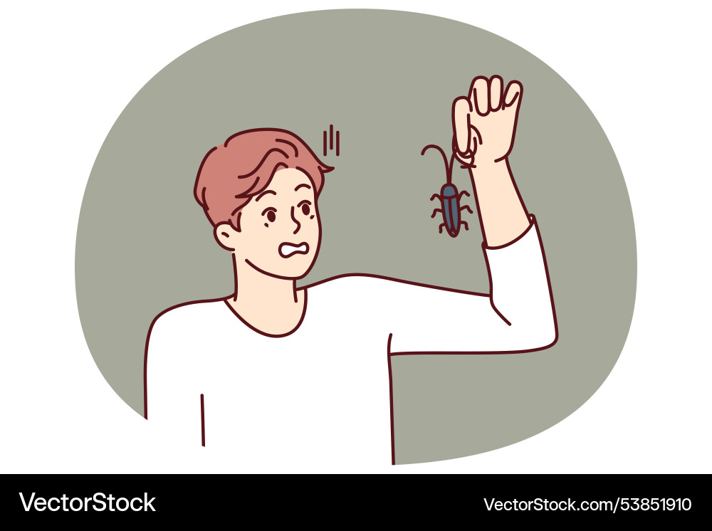 Man with bug in hand looks at insect and gets Vector Image