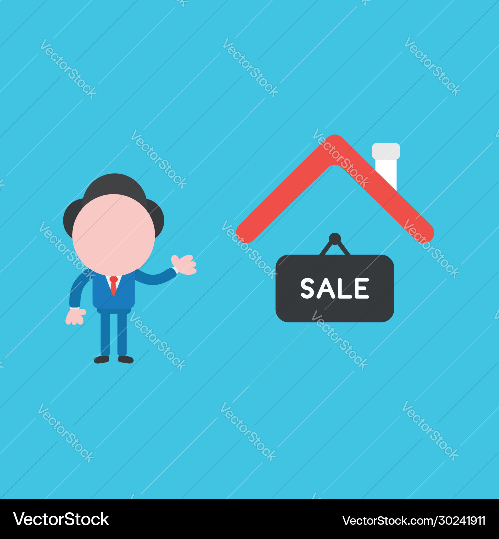 Businessman character with house and sale word Businessman character with house and sale word vector image