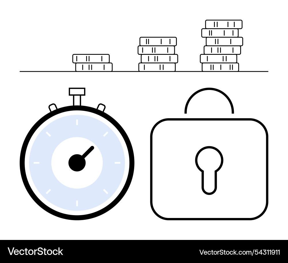 Stopwatch stack of coins and lock symbolizing Stopwatch stack of coins and lock symbolizing vector image