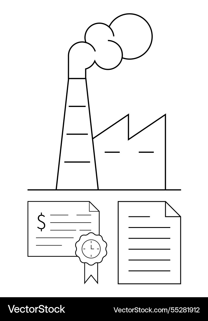 Factory with smokestack and certificates Factory with smokestack and certificates Vector Image