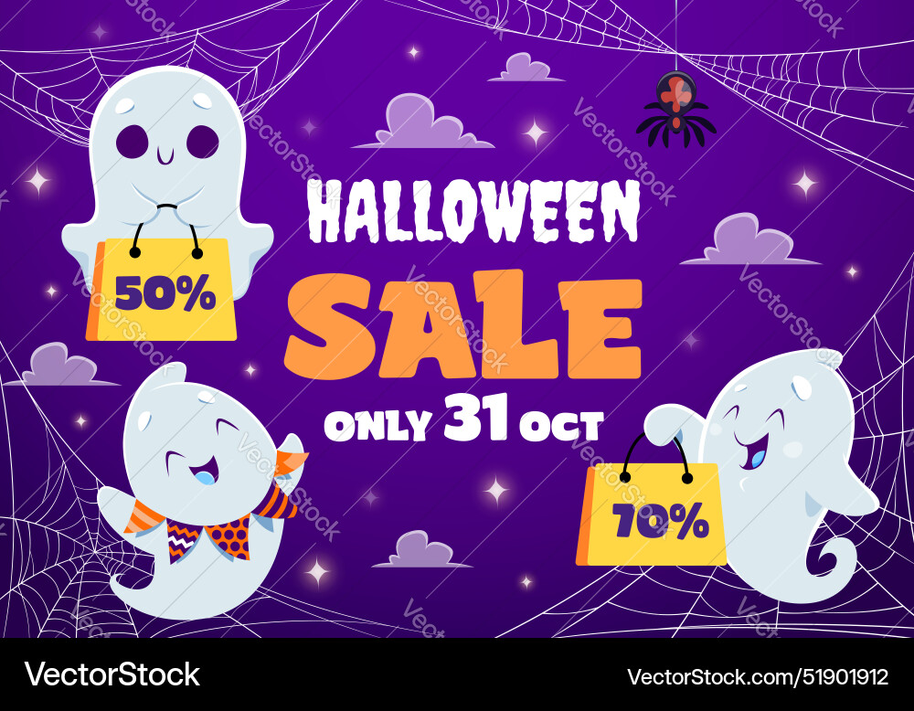 Kawaii Geister auf halloween Verkauf Banner mit Spinne Kawaii Geister auf halloween Verkauf Banner mit Spinne vektorbild