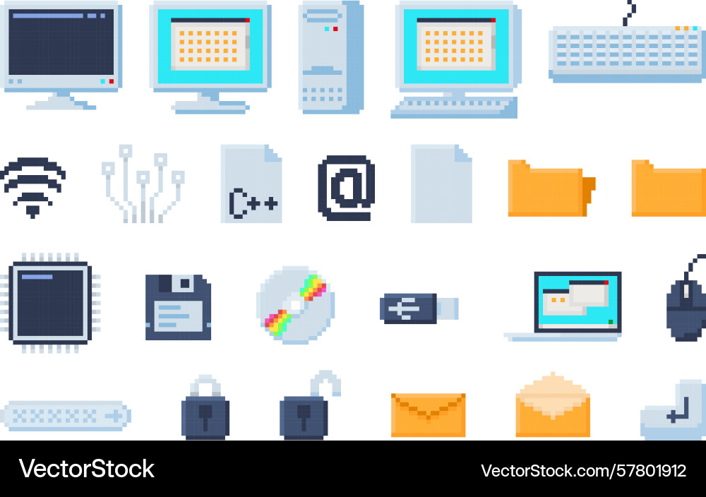 Pixel art computer icons tech devices pixelated vector image