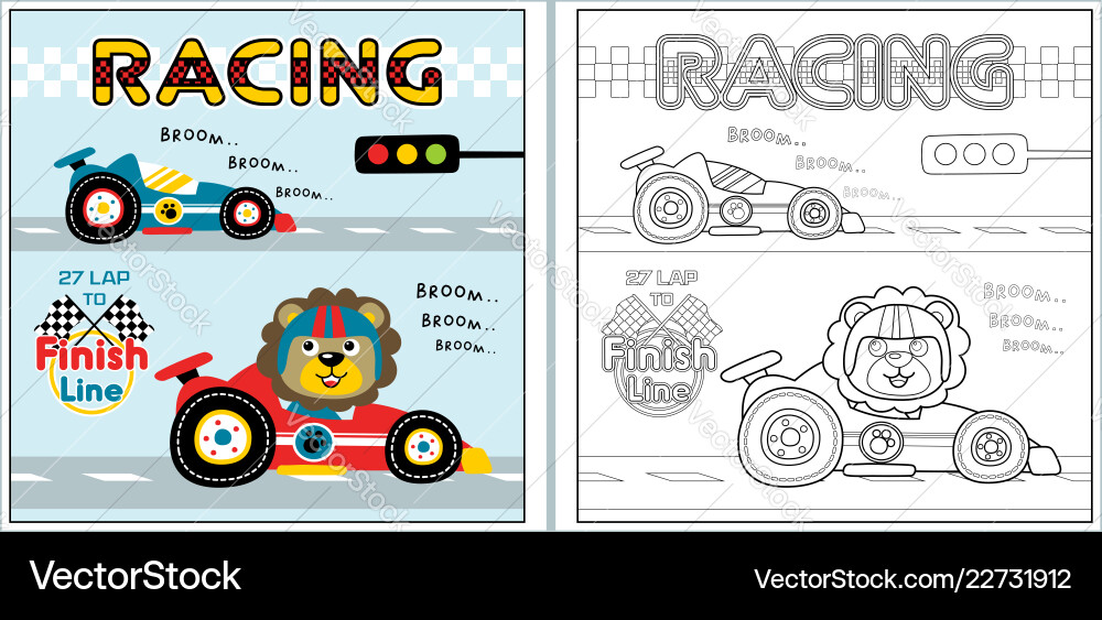 Racing cartoon with funny racer coloring page Racing cartoon with funny racer coloring page vector image