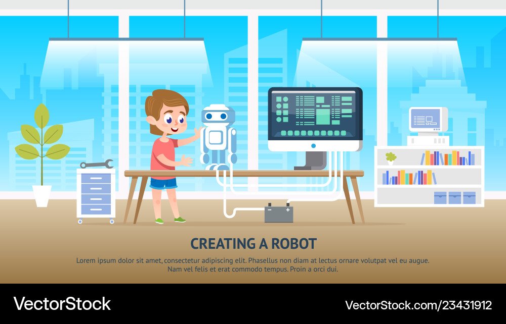 School kid character creating a robot at classroom School kid character creating a robot at classroom vector image