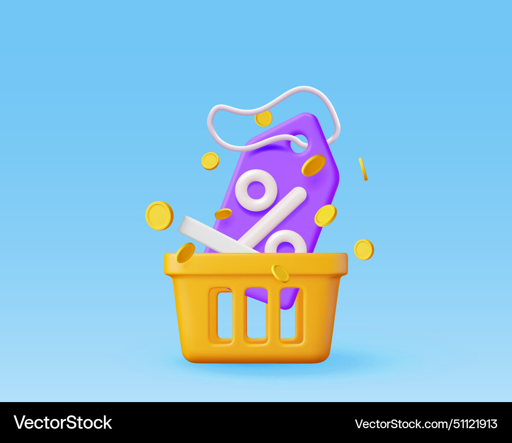 3d Warenkorb und Gutschein mit prozentualem Symbol 3d Warenkorb und Gutschein mit prozentualem Symbol vektorbild