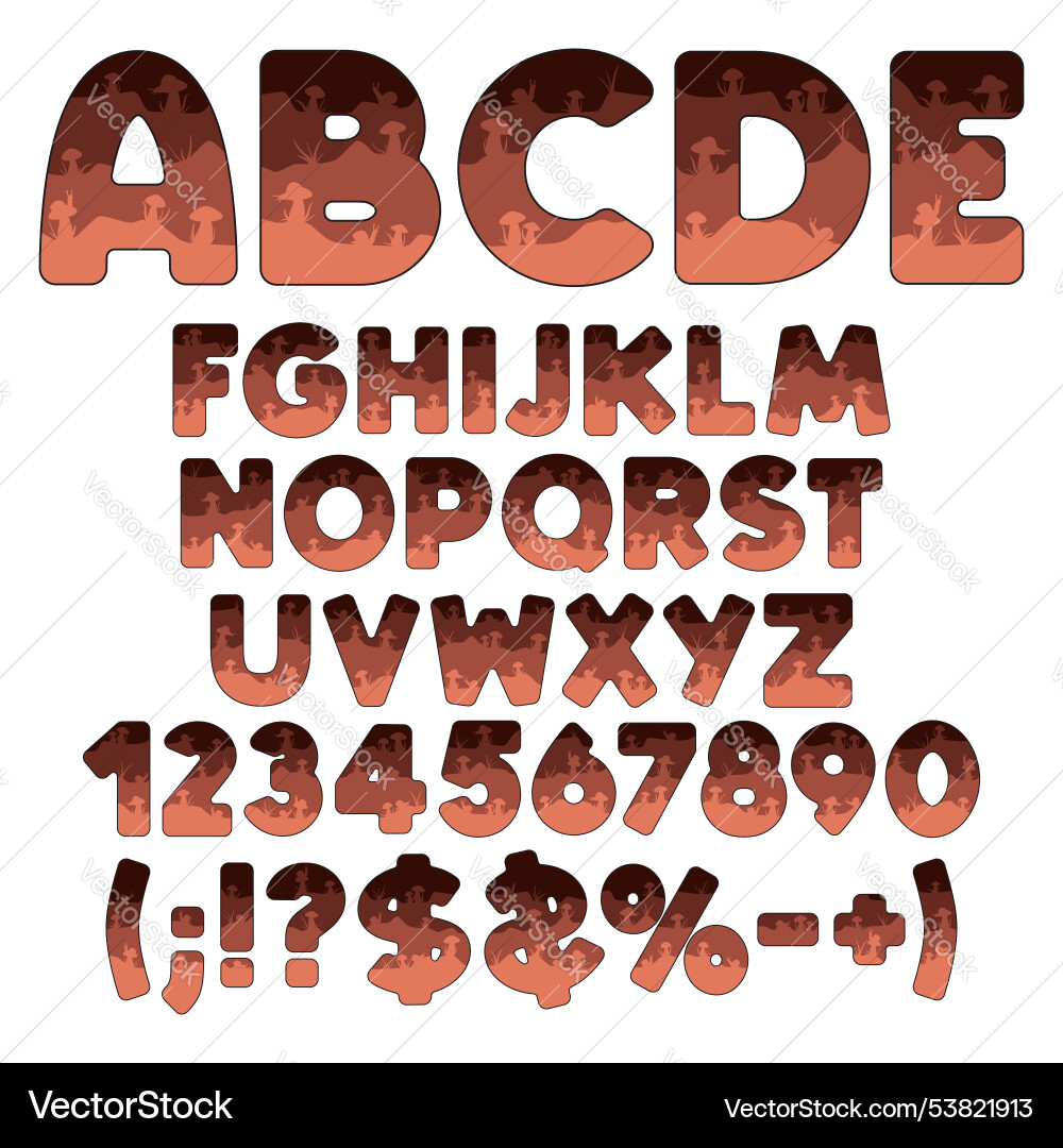 Font from layers with mushrooms and snails Font from layers with mushrooms and snails vector image