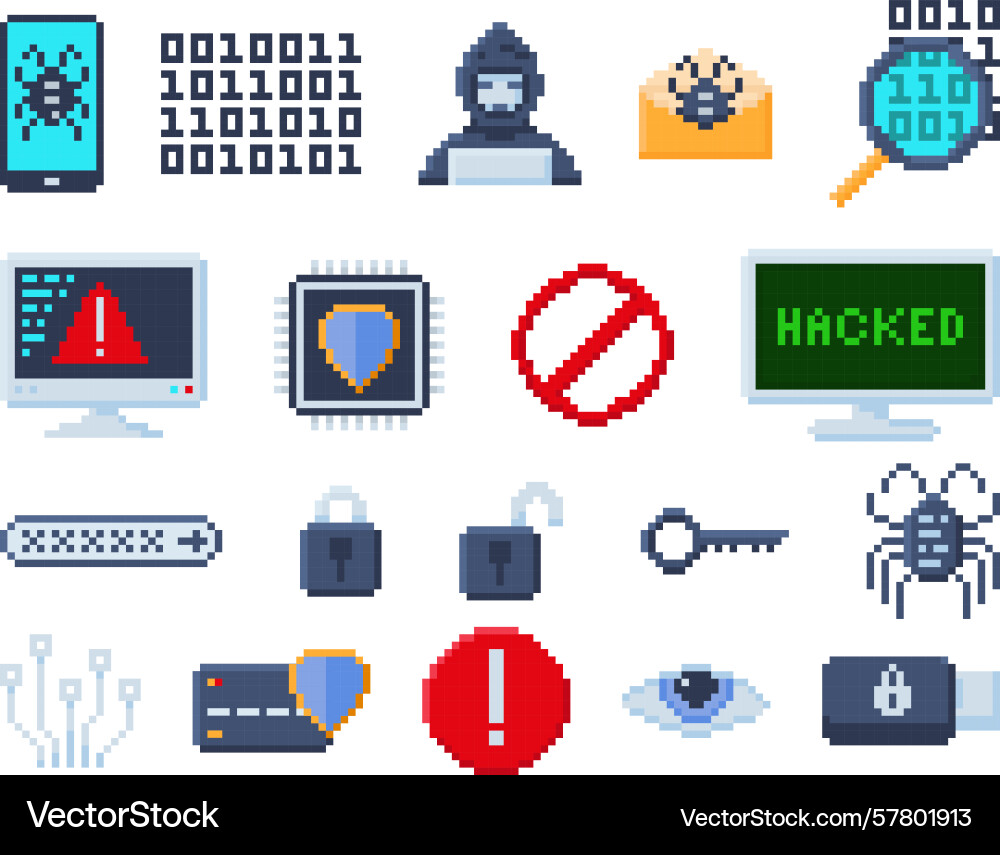 Pixel art cybersecurity icons pixelated computer vector image