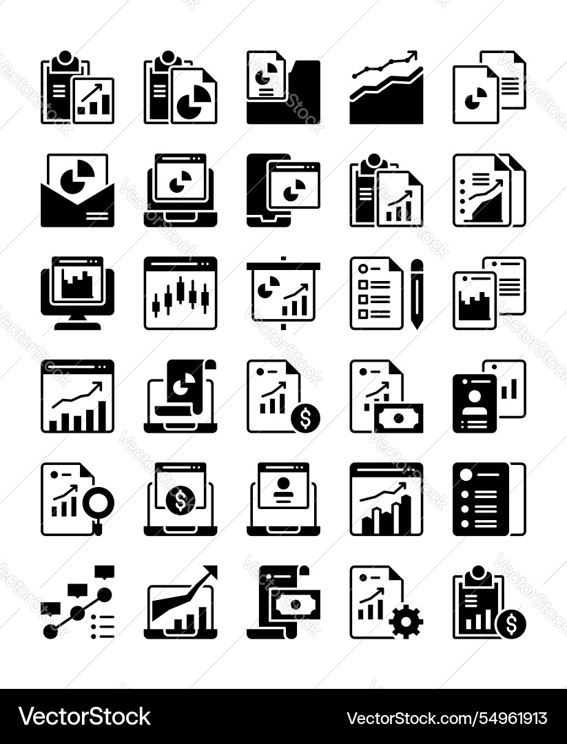 Set of document report solid glyph icon element Set of document report solid glyph icon element vector image