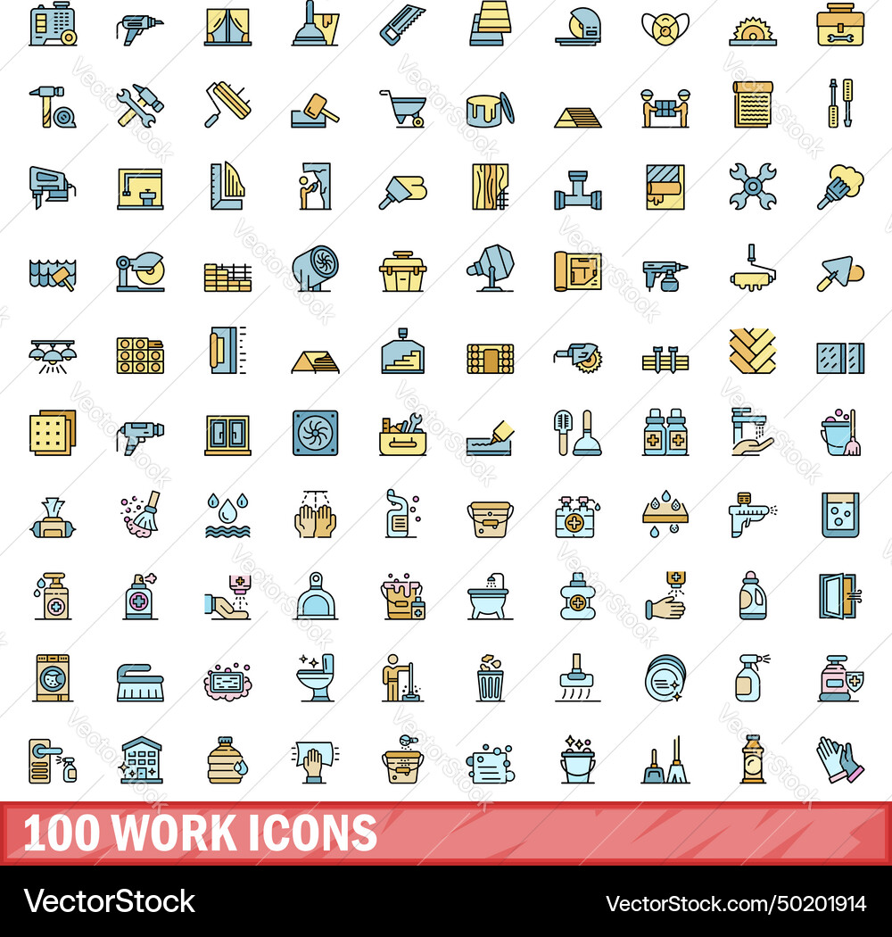 100 work icons set color line style 100 work icons set color line style vector image