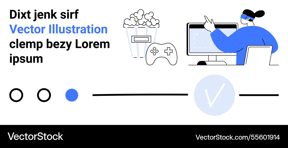 Gamer at desktop computer with popcorn and game Gamer at desktop computer with popcorn and game Vector Image