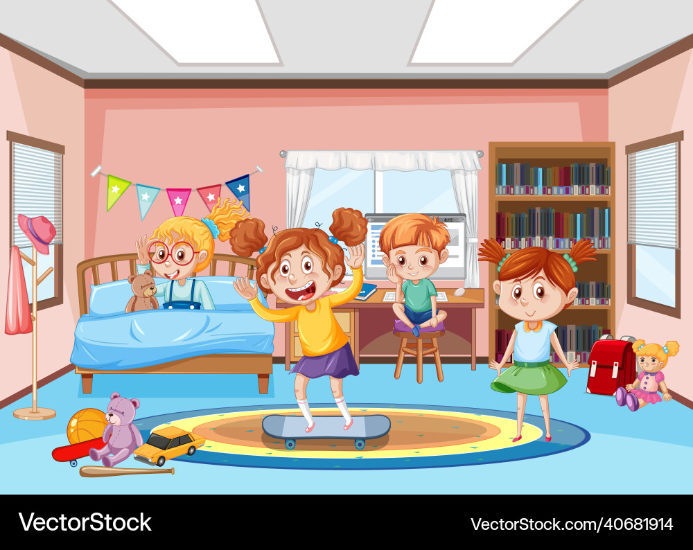 Interior of bedroom with children cartoon Interior of bedroom with children cartoon vector image