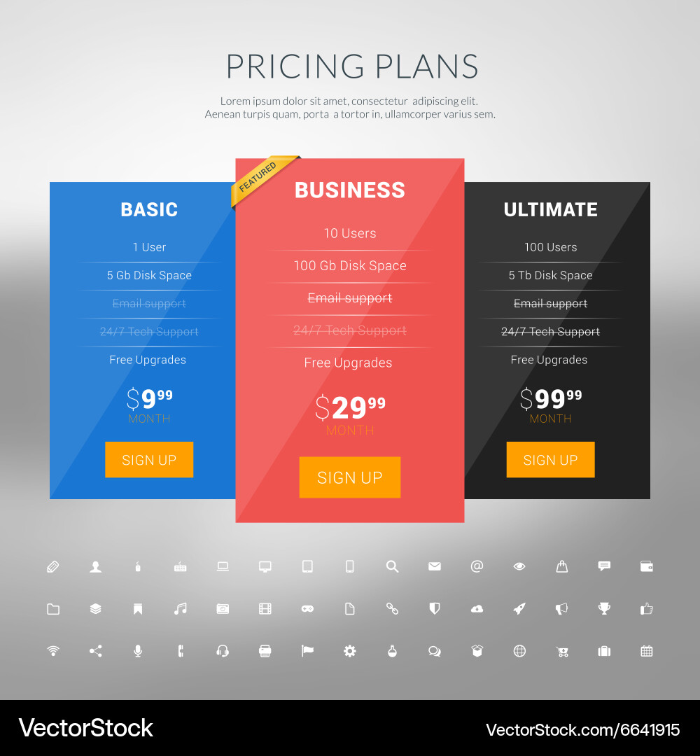 Design template for pricing table with icon set vector image