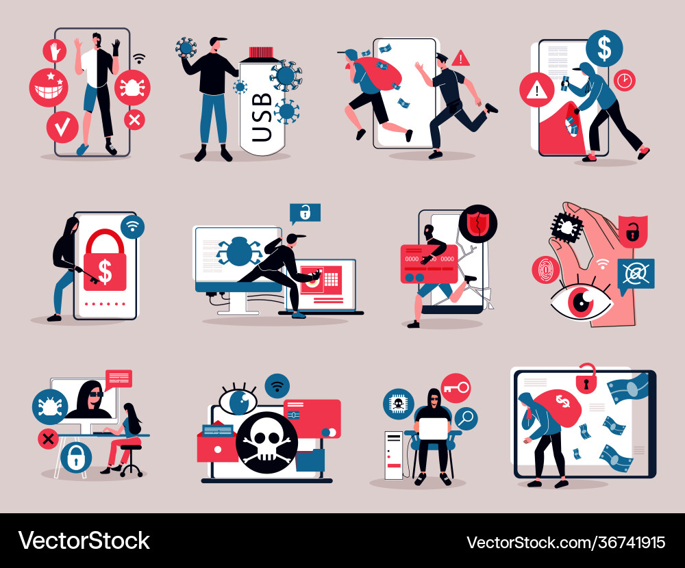 Hacker flat icons set Hacker flat icons set vector image