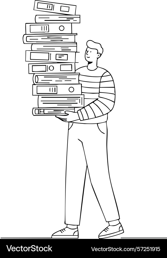 Man carrying large stack of books in simple line Man carrying large stack of books in simple line vector image