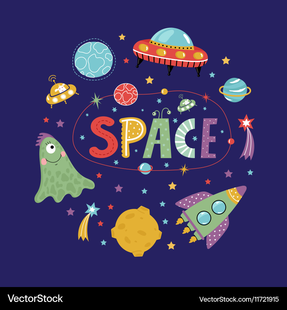 Space objects in cartoon style collection vector image
