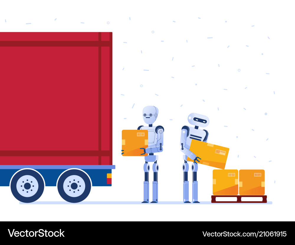 Warehouse robot workers loading truck with boxes Warehouse robot workers loading truck with boxes vector image