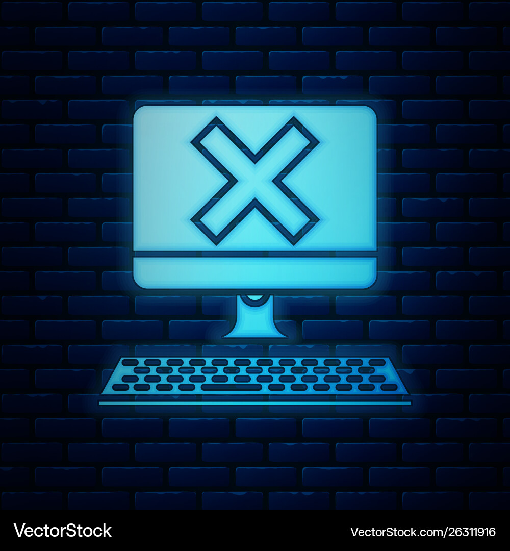 Glowing neon computer with keyboard and x mark Glowing neon computer with keyboard and x mark vector image