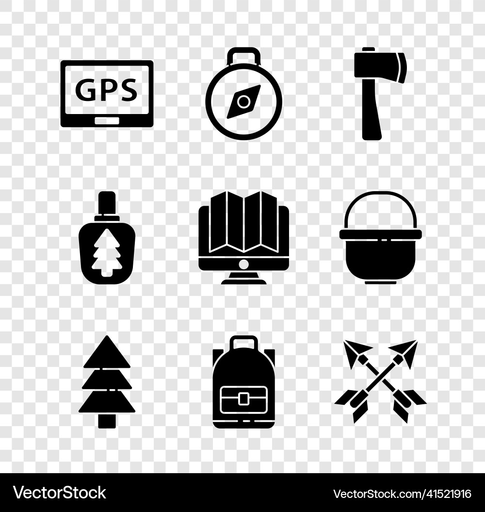 Set gps device with map compass wooden axe tree Set gps device with map compass wooden axe tree vector image