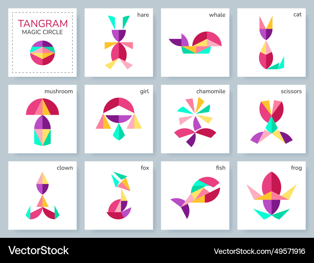 Tangram puzzle set with various objects Tangram puzzle set with various objects vector image