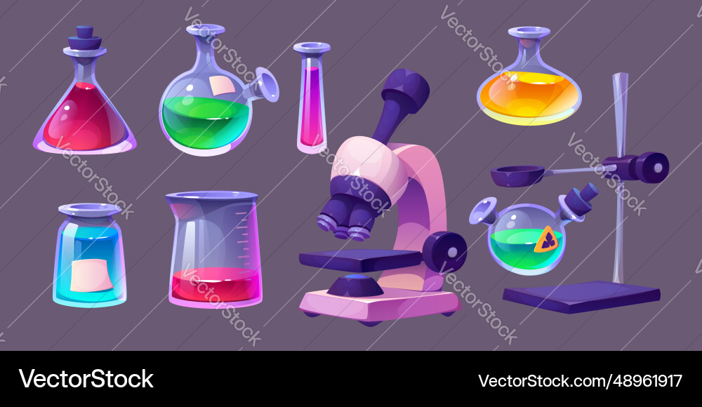 Chemical lab microscope and flasks set Chemical lab microscope and flasks set vector image