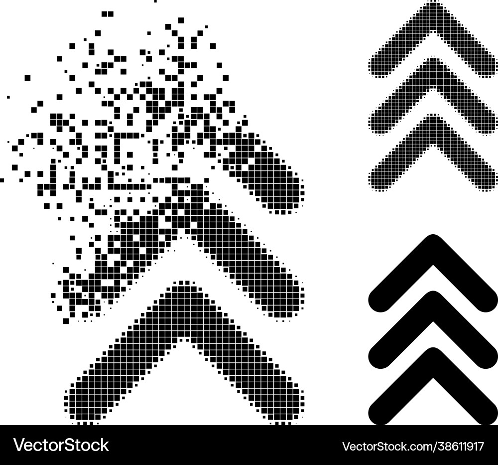 Disintegrating and halftone pixel triple arrowhead Disintegrating and halftone pixel triple arrowhead Vector Image