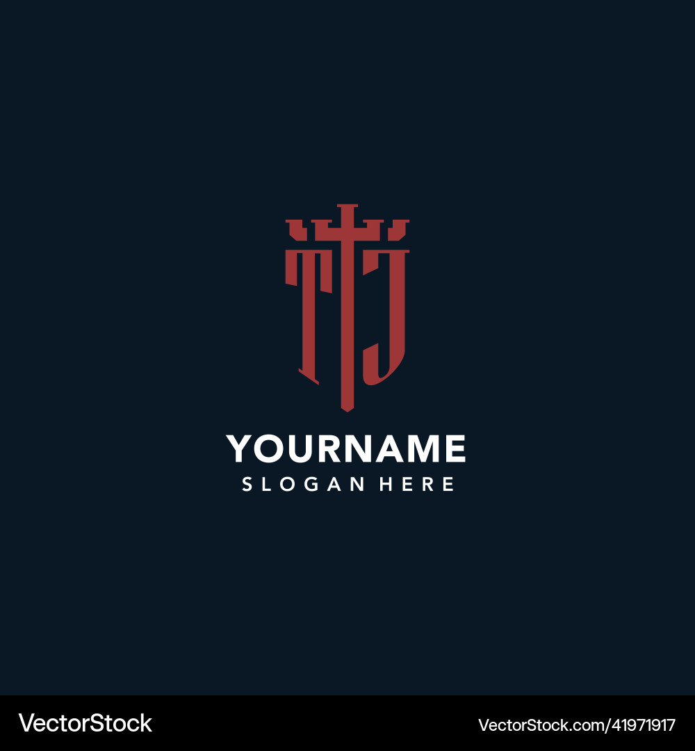 Tj initial monogram logos with sword and shield vector image