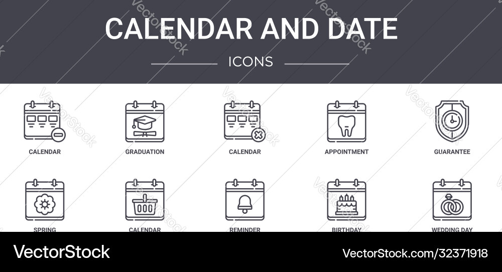 Calendar and date concept line icons set contains Calendar and date concept line icons set contains vector image