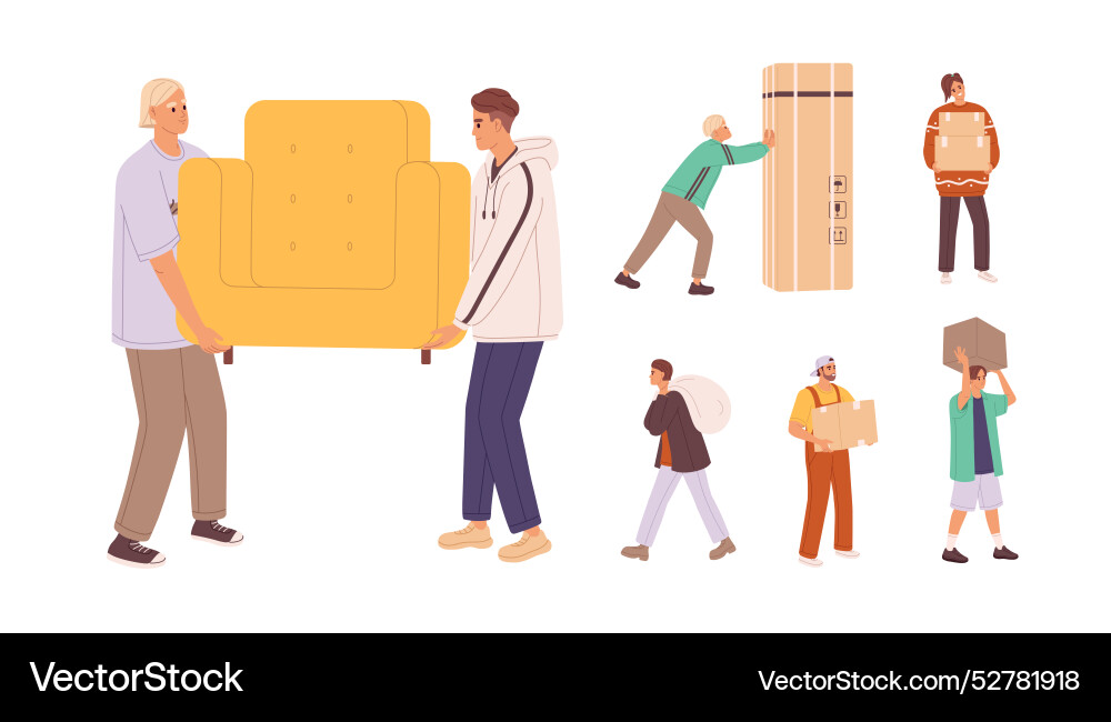Loaders with boxes to move set workers carrying Loaders with boxes to move set workers carrying vector image