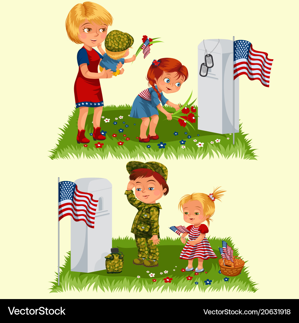 Memorial day mother with child on cemetery Memorial day mother with child on cemetery vector image