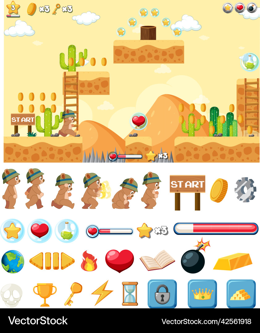 Platform game background template with items Platform game background template with items vector image
