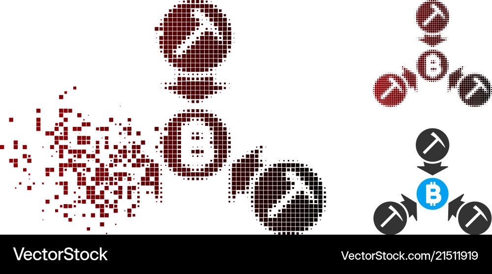 Broken pixel halftone bitcoin mining pool icon Broken pixel halftone bitcoin mining pool icon vector image